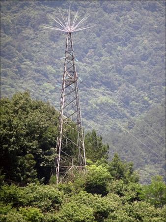Power line tower along the river