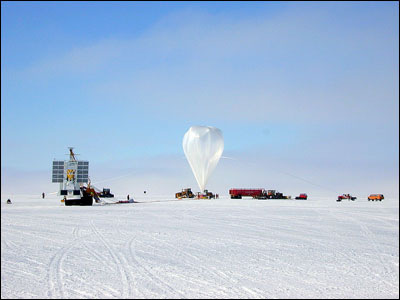 Flare Genesis telescope (L) and the inflating balloon