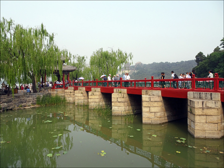 Red bridge leading to the Zhichun Pavilion