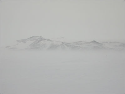 McMurdo Station from the Ice Runway through the fog
