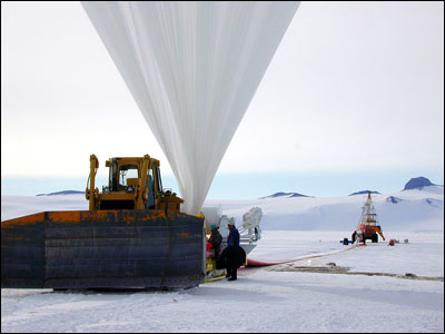 The base of the primary balloon with the payload in 
												 the distance