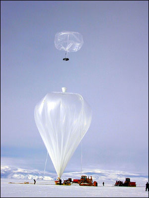 Releasing the small balloon. Notice how small the 
												 telescope looks now that the primary balloon is inflated.